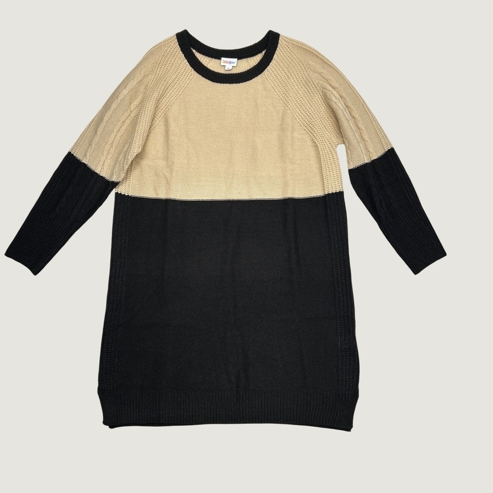 LuLaRoe Sweater Dress Womens L Tan Black Colorblock Cable Knit Long Sleeve NWT